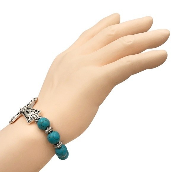 🌼 Turquoise Sideways Cross Beaded Silver Stretch Bracelet - Picture 3 of 3